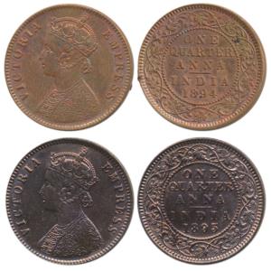 Victoria Empress, Copper ¼ Anna (2), 1894 and 1895, Calcutta Mint, (Prid 627 & 628). Extre