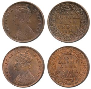 Victoria Empress, Copper ¼ Anna (2), 1896 and 1897, Calcutta Mint, (Prid 629 & 630). Very 