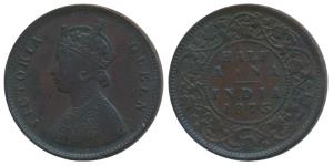 Victoria Queen, Copper ½ Anna, 1875, Calcutta Mint, (Prid 583). Very Fine+, Very Rare.