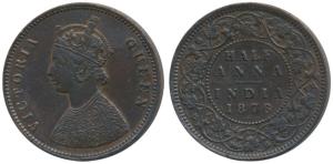 Victoria Queen, Copper ½ Anna, 1876, Calcutta Mint, Bust B, 4 panels to the jabot with tin