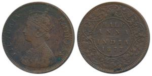 Victoria Empress, Copper ½ Anna, 1877, Bombay Mint, Bust B, 4 panels to the jabot with tin