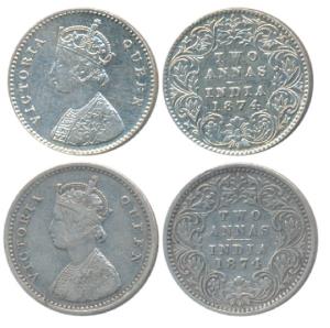 Victoria Queen, Silver 2 Annas, 1874 (2), Calcutta Mint and Bombay Mint, A / I / No mint m