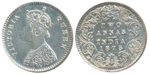 Victoria Queen, Silver 2 Annas, 1875, Calcutta Mint, A / I / No mint mark, (Prid 489). Abo