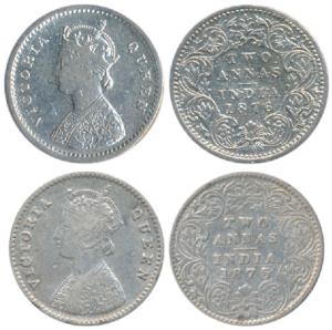 Victoria Queen, Silver 2 Annas, 1875, Calcutta Mint & 1876, Bombay Mint, both A / I / No m