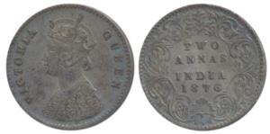 Victoria Queen, Silver 2 Annas, 1876, Calcutta Mint, A / I / No mint mark, (Prid 490). Ver