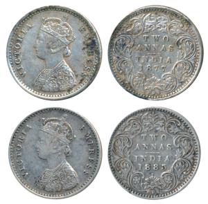 Victoria Empress, Silver 2 Annas, 1877 & 1883, both Bombay Mint, A / I / dot, (Prid 520 & 