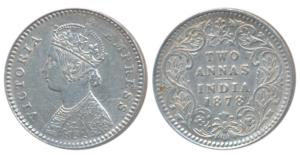 Victoria Empress, Silver 2 Annas, 1878, Calcutta Mint, B / II / No mint mark, (Prid 493). 
