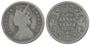 Victoria Empress, Silver 2 Annas, 1879, Calcutta Mint, B / II / C incuse, (Prid 494). Fine