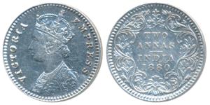 Victoria Empress, Silver 2 Annas, 1880, Calcutta Mint, B / II / C incuse, (Prid 495). Very