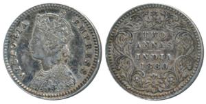 Victoria Empress, Silver 2 Annas, 1880, Calcutta Mint, B / II / C incuse, (Prid 495). Very