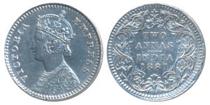 Victoria Empress, Silver 2 Annas, 1881, Calcutta Mint, B / II / C incuse, (Prid 496). Extr