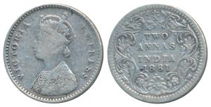 Victoria Empress, Silver 2 Annas, 1881, Bombay Mint, A / II / dot; (Prid 523). About Very 
