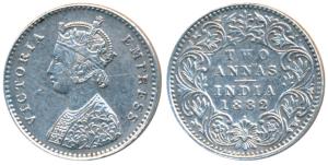 Victoria Empress, Silver 2 Annas, 1882, Bombay Mint, A / I / dot; (Prid 525). Very Fine+, 