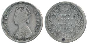 Victoria Empress, Silver 2 Annas, 1882, Bombay Mint, A / II / dot; (Prid 526). About Very 