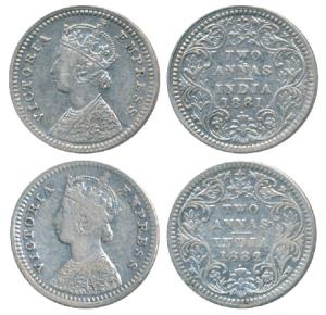 Victoria Empress, Silver 2 Annas, 1881 & 1882, both Bombay Mint, B / II / dot, (Prid 524 &
