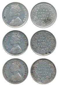 Victoria Empress, Silver 2 Annas, 1884 (2), A / I / No mint mark; A / I / B raised & 1885 