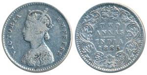 Victoria Empress, Silver 2 Annas, 1885, Bombay Mint, A / I / No mint mark, (Prid 536A). Ve