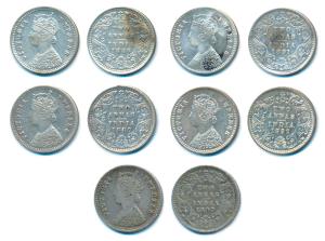 Victoria Empress, Silver 2 Annas, 1886, 1887, 1891, 1892, 1897, Bombay Mint, B / II / B in