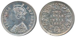 Victoria Empress, Silver 2 Annas, 1889, Bombay Mint, B / II / B incuse, (Prid 542). About 