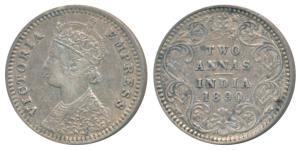 Victoria Empress, Silver 2 Annas, 1890, Bombay Mint, B / II / No mint mark, (Prid 543). Ve