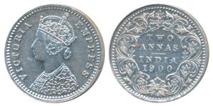 Victoria Empress, Silver 2 Annas, 1900, Bombay Mint, B / I / B raised, (Prid 553). Extreme