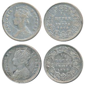 Victoria Empress, Silver ¼ Rupee, 1877, B / I / No mint mark; 1878, C / II / No mint mark,