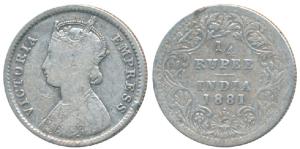Victoria Empress, Silver ¼ Rupee, 1881, Bombay Mint, B / II / dot, (Prid 411). Fine+, Rare