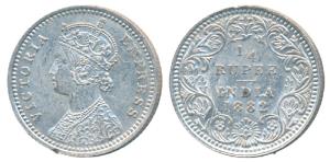 Victoria Empress, Silver ¼ Rupee, 1882, Calcutta Mint, C / II / C incuse, (Prid 387). Abou