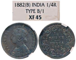 Victoria Empress, Silver ¼ Rupee, 1882, Bombay Mint, B / II / dot, (Prid 413). Graded by N