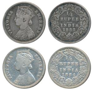 Victoria Empress, Silver ¼ Rupee, 1883, Bombay Mint, B / I / dot, (Prid 415). 1884, Bombay