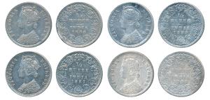 Victoria Empress, Silver ¼ Rupee, 1886, 1887, 1888, C / II / B raised, & 1888, C / II / B 