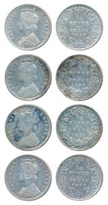 Victoria Empress, Silver ¼ Rupee, 1889, 1890, C / II / B incuse, 1891, 1892, C / I / B inc