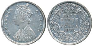 Victoria Queen, Silver ½ Rupee, 1875, Calcutta Mint, A / I / No mint mark, (Prid 260). Ver