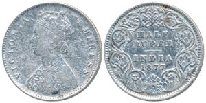 Victoria Empress, Silver ½ Rupee, 1877, Calcutta Mint, A / I, No mint mark, (Prid 261). Fi