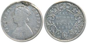 Victoria Empress, Silver ½ Rupee, 1877, Bombay Mint, A / II / dot, (Pridmore hasn’t listed