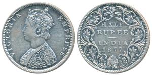Victoria Empress, Silver ½ Rupee, 1877, Bombay Mint, B2 / II / dot, (Prid 288). Very Fine+