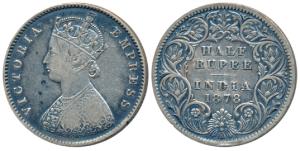Victoria Empress, Silver ½ Rupee, 1878, Calcutta Mint, A / I / No mint mark, (Prid 262). V