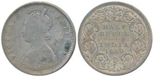 Victoria Empress, Silver ½ Rupee, 1880, Calcutta Mint, A / I / C incuse, (Prid 264). Fine+