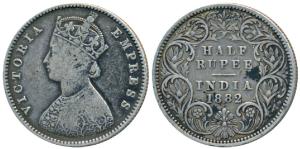 Victoria Empress, Silver ½ Rupee, 1882, Calcutta Mint, A / I / C incuse, (Prid 266). Very 