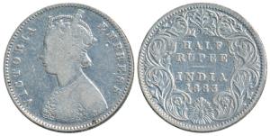 Victoria Empress, Silver ½ Rupee, 1883, Calcutta Mint, A / I / C incuse, (Prid 267). Die a