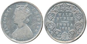 Victoria Empress, Silver ½ Rupee, 1885, Calcutta Mint, A / I / C incuse, (Prid 269). A cou