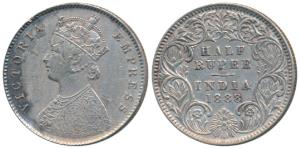 Victoria Empress, Silver ½ Rupee, 1888, Calcutta Mint, A / I / C incuse, (Prid 271). Very 