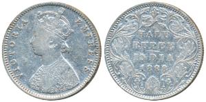 Victoria Empress, Silver ½ Rupee, 1888, Bombay Mint, A / II / No mint mark, (Prid 297). Ab