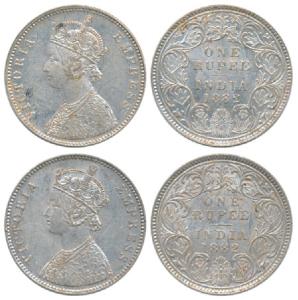 Victoria Empress, Silver Rupee, 1882 (2), Calcutta Mint, A1 / I / C incuse; Bombay Mint, A