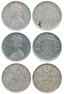 Victoria Empress, Silver Rupee, 1888 (3), Calcutta Mint, C3 / I / C incuse; Bombay Mint, C