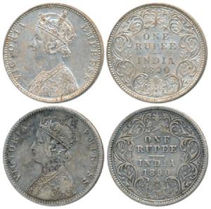 Victoria Empress, Silver Rupee, 1890 (2), Calcutta Mint, C3 / I / C incuse; Bombay Mint, C