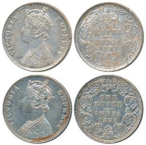 Victoria Empress, Silver Rupee, 1891 (2), Calcutta Mint, C3 / I / C incuse; Bombay Mint, C