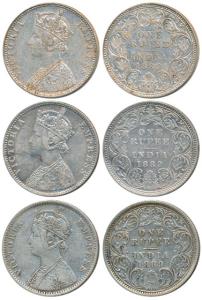 Victoria Empress, Silver Rupee, 1892 (3), Calcutta Mint, C3 / I / C incuse; Bombay Mint, C