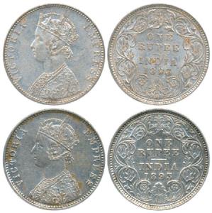 Victoria Empress, Silver Rupee, 1893 (2), Calcutta Mint, C3 / I / C incuse; Bombay Mint, C