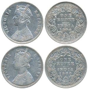 Victoria Empress, Silver Rupee, 1900 (2), Calcutta Mint, C3 / I / C incuse; Bombay Mint, A